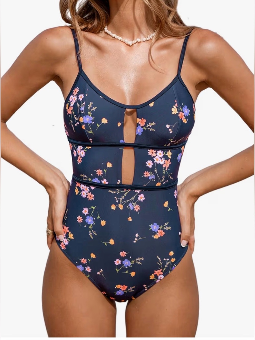 Cupshe Navy Floral Cutout One-Piece Swimsuit